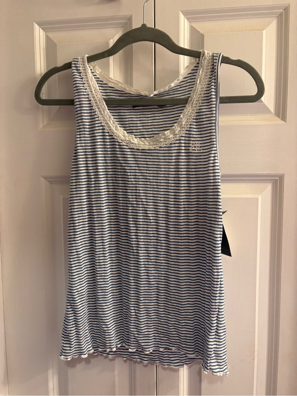 Lauren Ralph Lauren Navy and White Striped Lace-Trim Tank Top